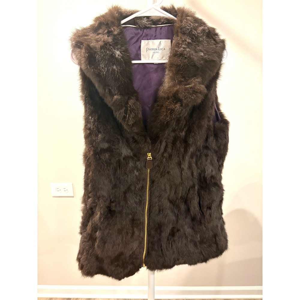 Patrizia Luca Black Real Rabbit Fur Vest Y2K Glam Purple Lined Y2K Luxe Gilet M